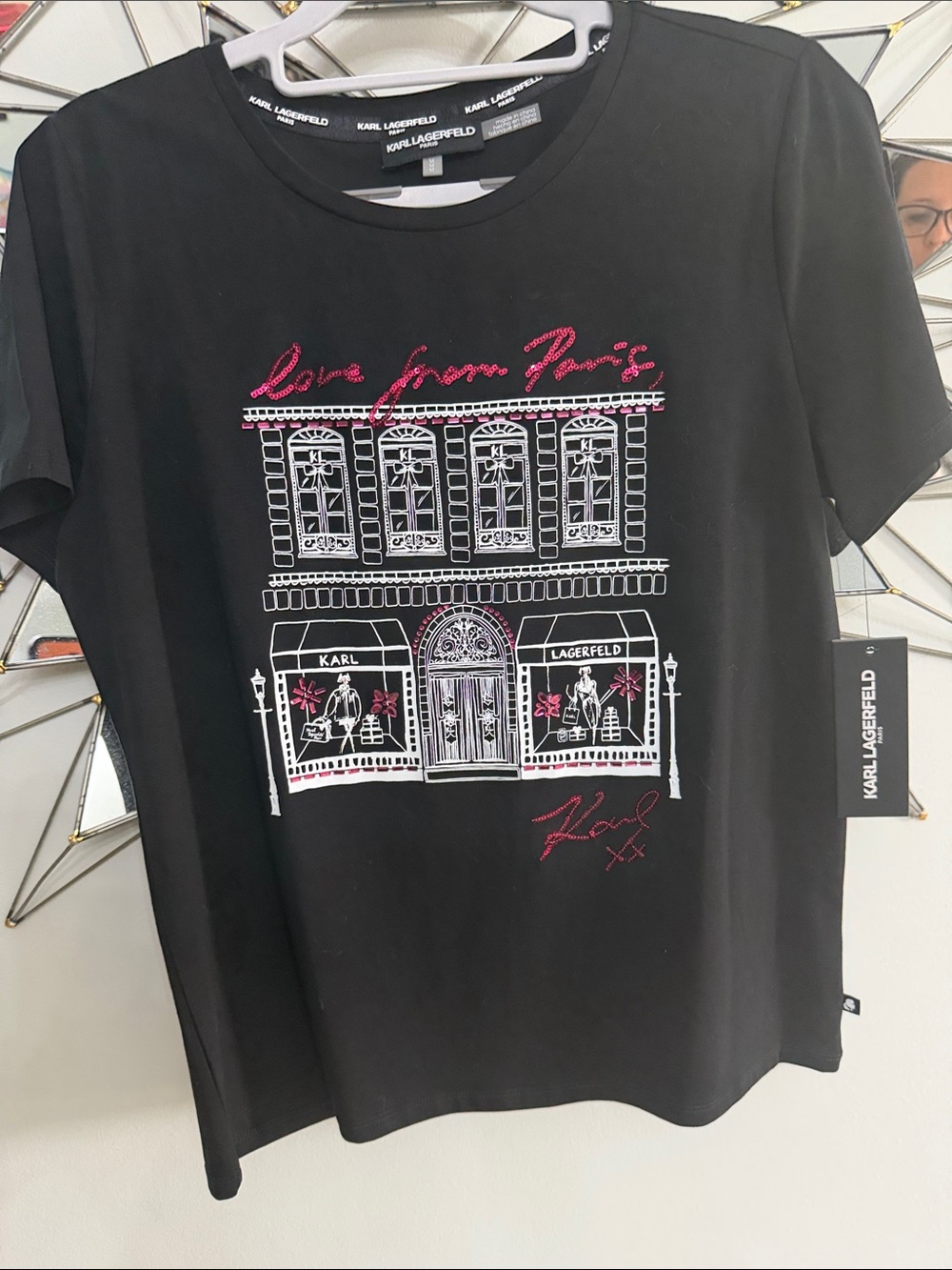 Karl Lagerfeld Black Tee with Pink and White Paris Graphic